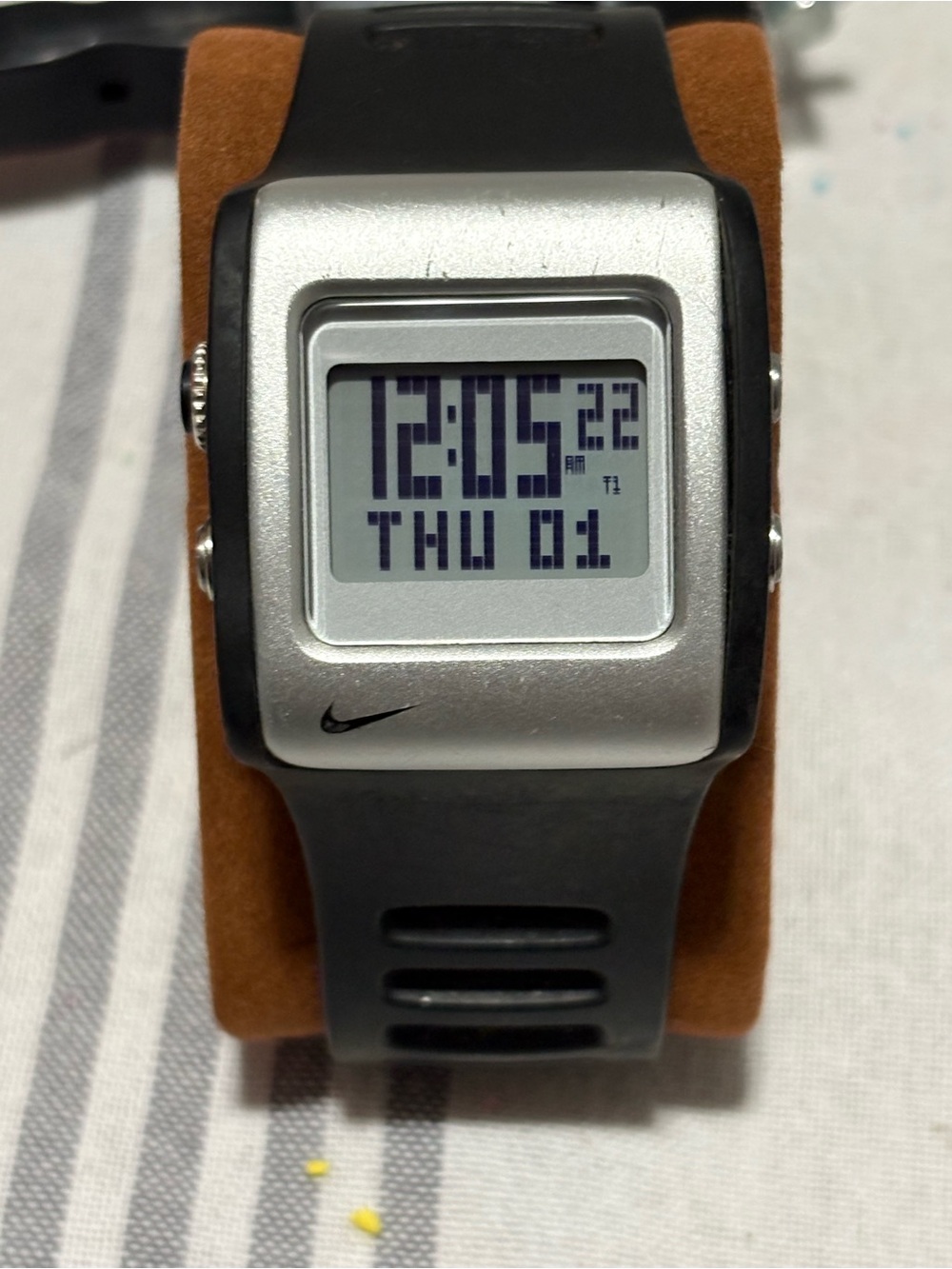 Nike WC0037 Digital Day Date Alarm Chrono Silver Tone Case Black Silicone Watch